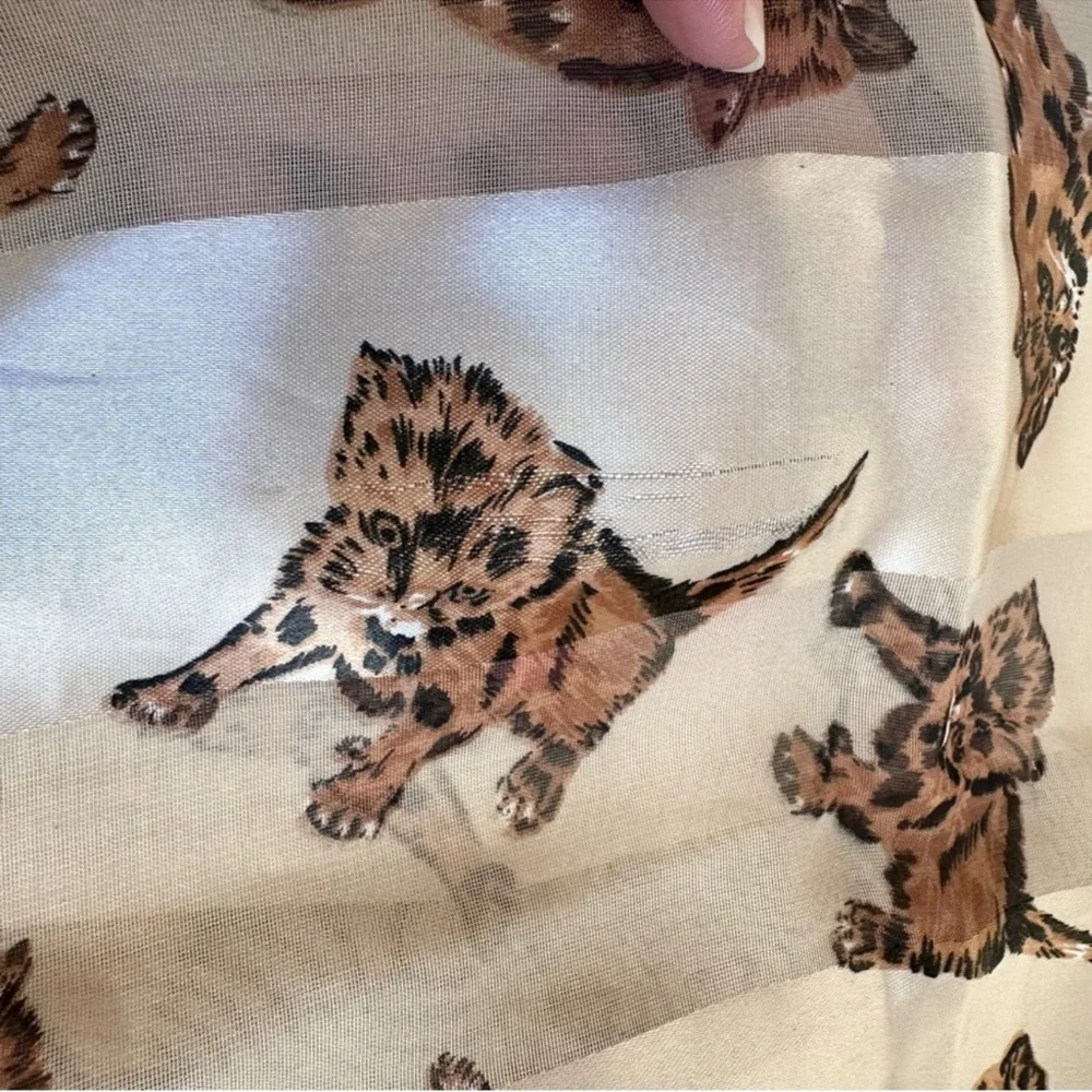Metallic Gold Cream Chiffon Satin Silky Cat Print Scarf